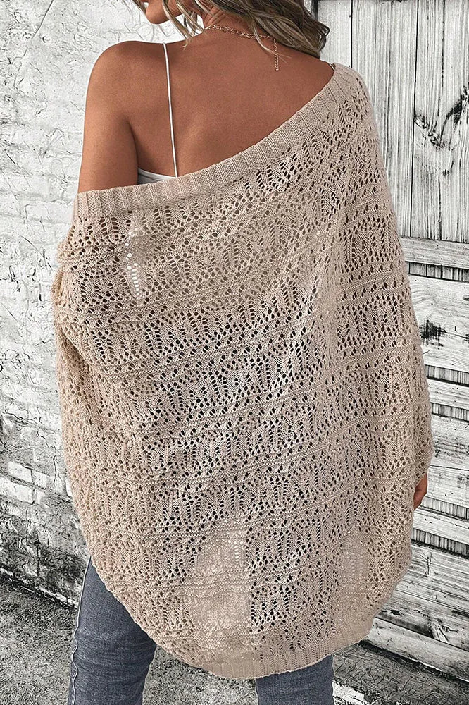 Open Front Batwing Sleeve Pointelle Knit Cropped Cardigan 2