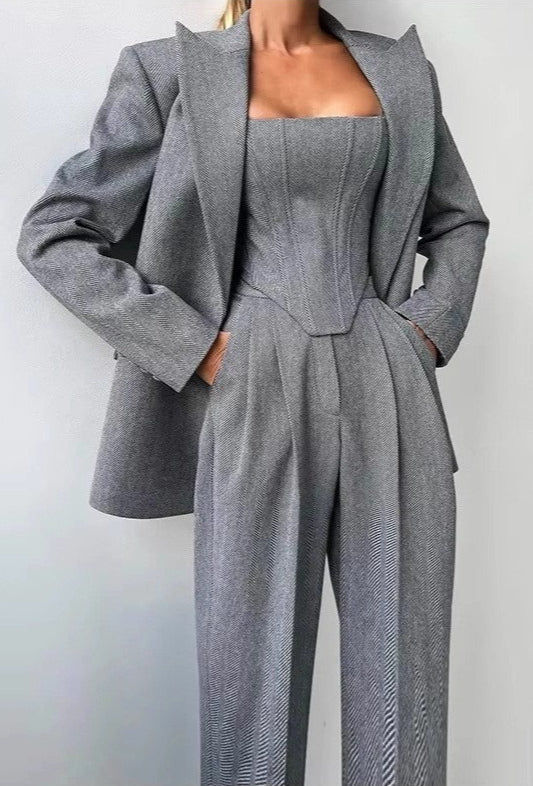 Herringbone Blazer Corset Top and Pleated Wide Leg Trousers Three Piece Set