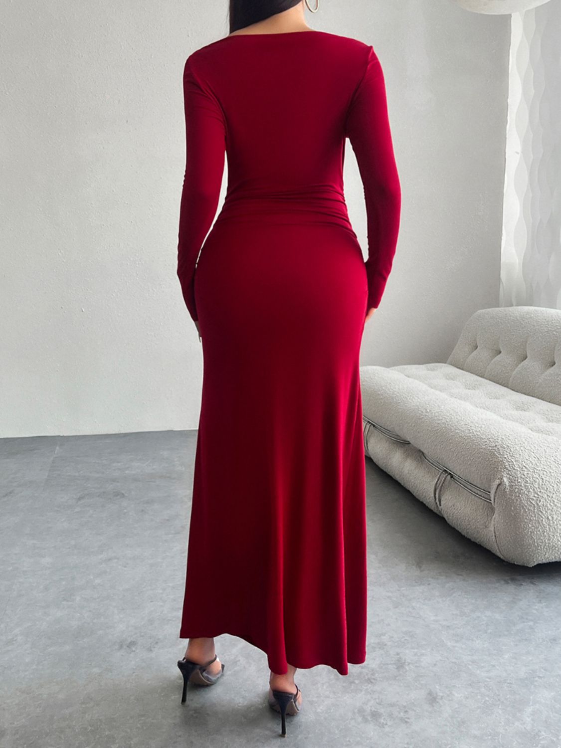 Ruched Boat Neck Long Sleeve Bodycon Maxi Dress 2