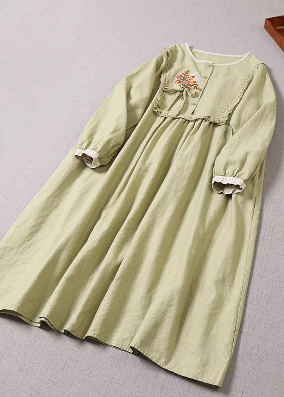Embroidered Floral Lace Trim Empire Waist Long Sleeve A-Line Midi Dress