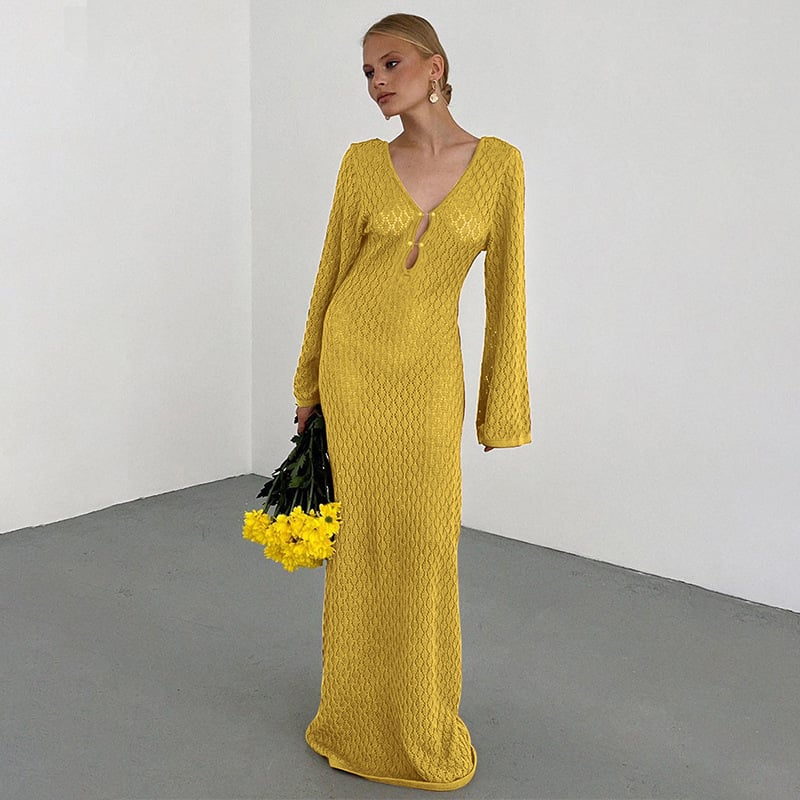 Crochet Deep V-Neck Bell Sleeve Fitted Maxi Dress