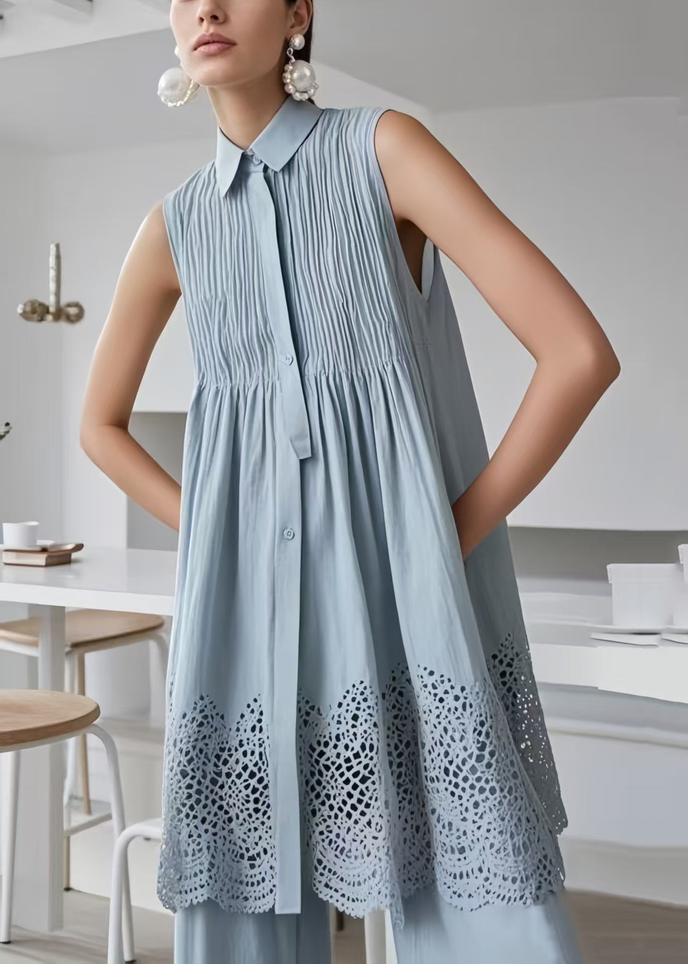 Collar Button Down Pintuck Pleated Babydoll Eyelet Hem Sleeveless Mini Dress