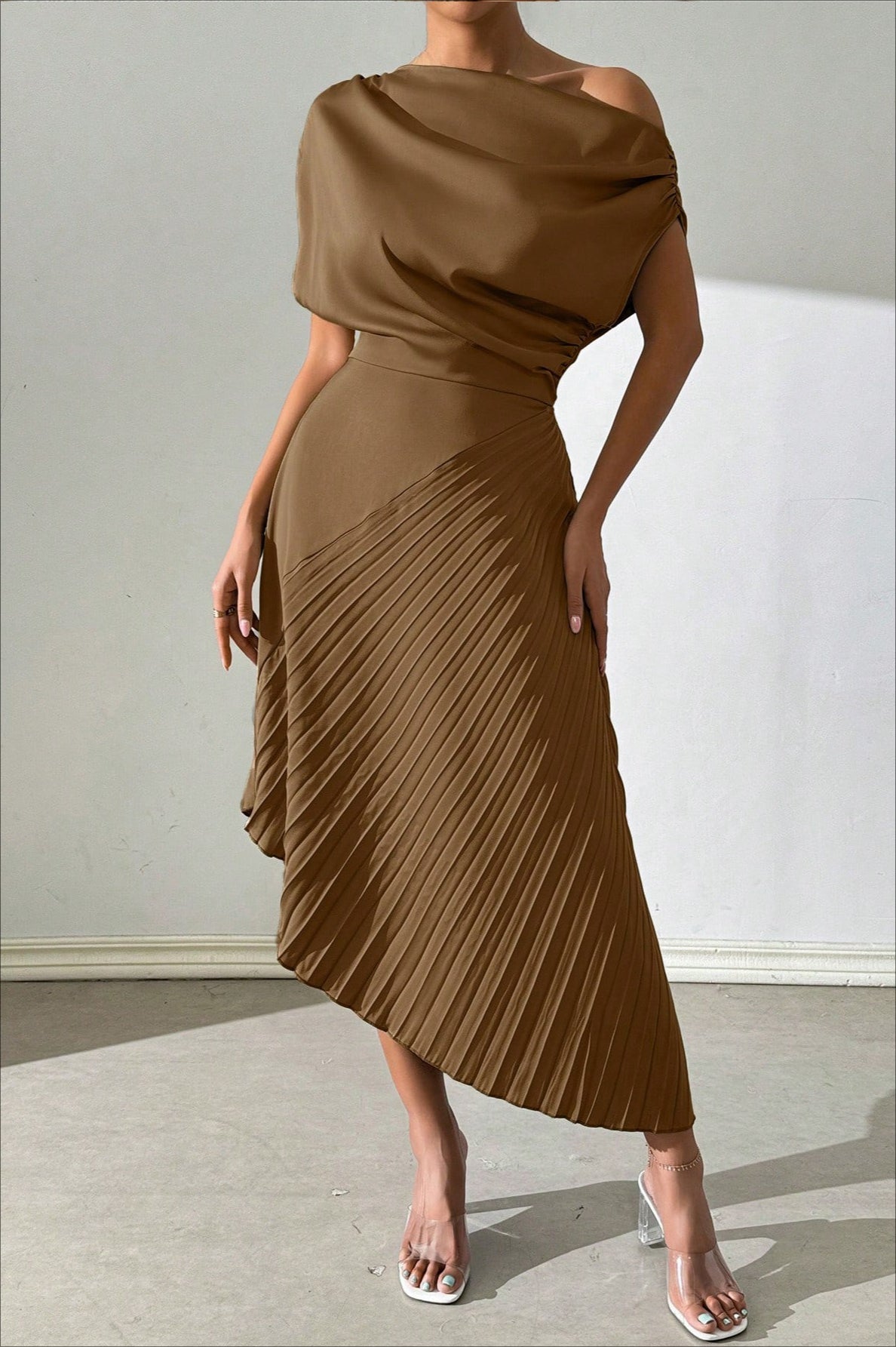 Satin One Shoulder Ruched Pleated Asymmetric Midi Dress