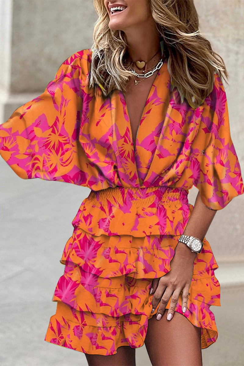 Deep V-Neck Kimono Sleeve Smocked Waist Tiered Ruffle Mini Dress