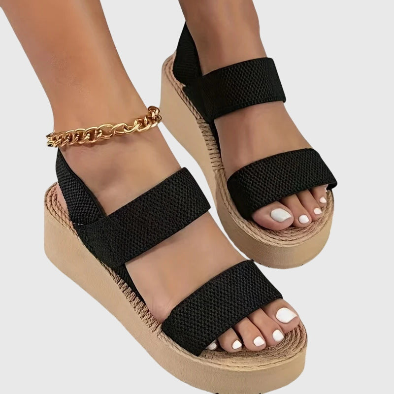 Open Toe Elastic Strap Platform Wedge Espadrille Sandals