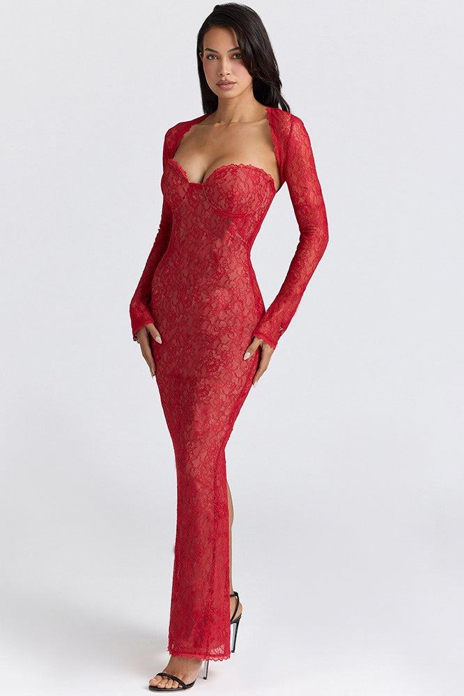 Lace Strapless Corset Bodycon Maxi Dress