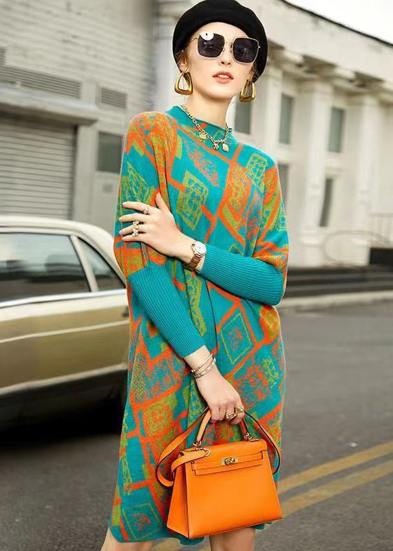 Geometric Pattern Knit Mock Neck Batwing Sleeve Ribbed Cuff Shift Midi Dress