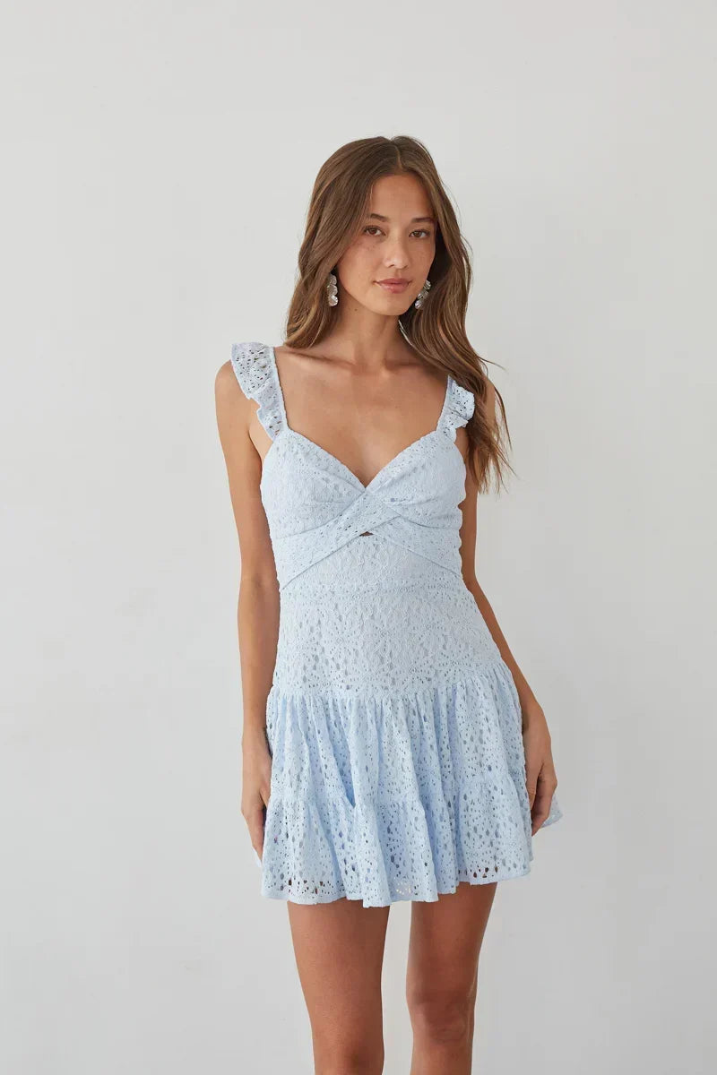 Eyelet Lace Sweetheart Ruffle Strap Tiered Mini Dress 10