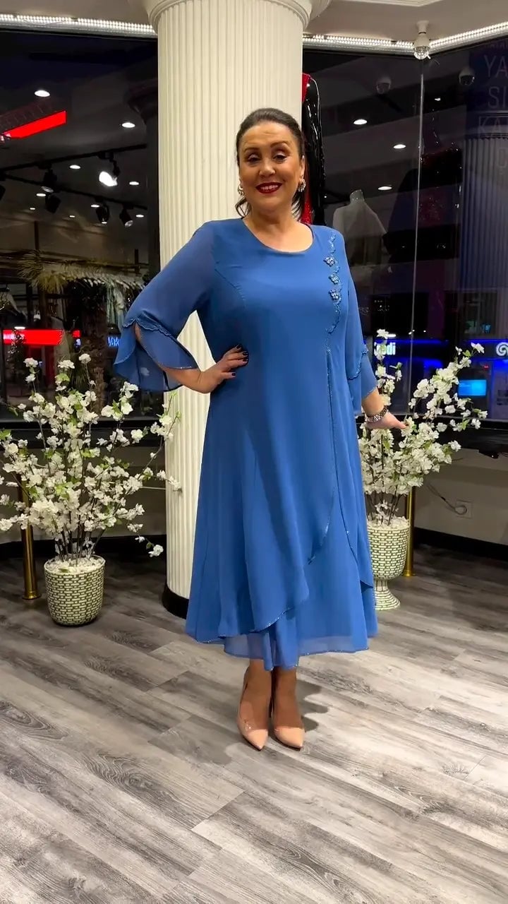 Chiffon Floral Applique Bell Sleeve Asymmetrical Tiered A-Line Midi Dress
