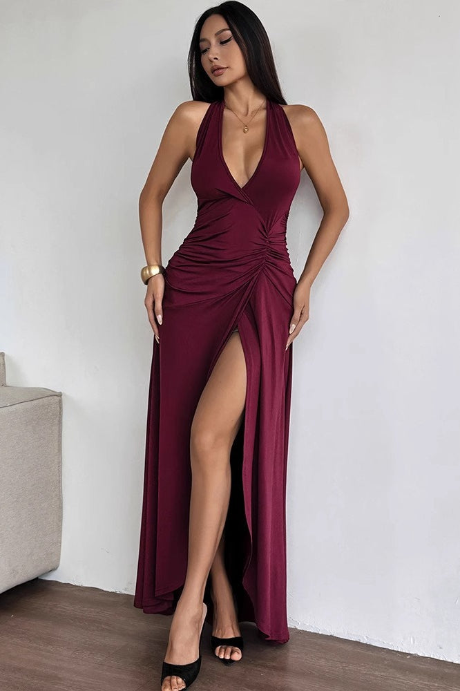 Backless Halter-Neck Ruched Dress