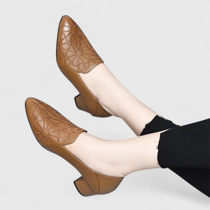 Pointed Toe Floral Embossed Block Heel Loafers