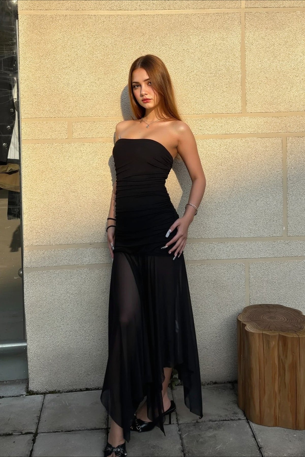 Strapless Ruched Bodice Sheer Mesh Skirt Asymmetric Hem Maxi Dress 5