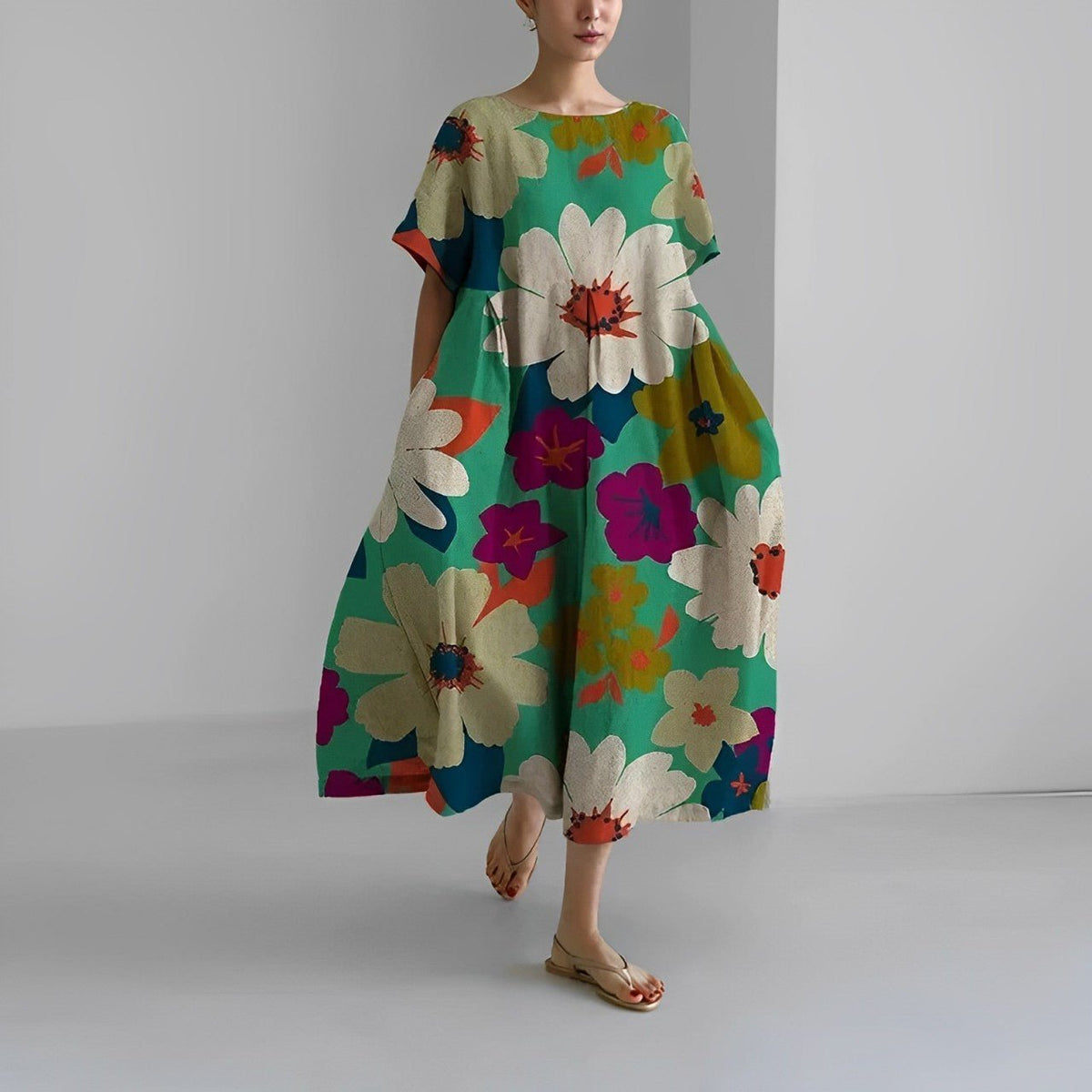 Abstract Floral Round Neck Short Sleeve Pleated Maxi Dress