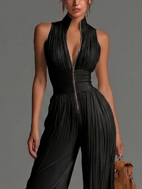 Sleeveless Deep V-Neck Zip Front Pleated Wide Leg Jumpsuit