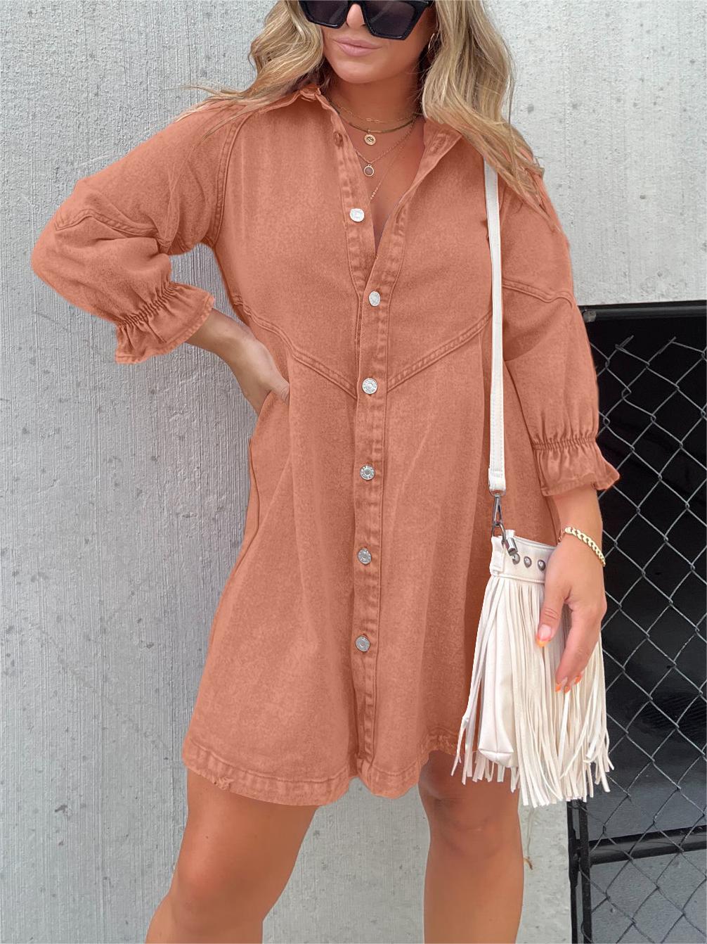 Nola | Chic Turn-Down Collar Denim Midi Dress Orange