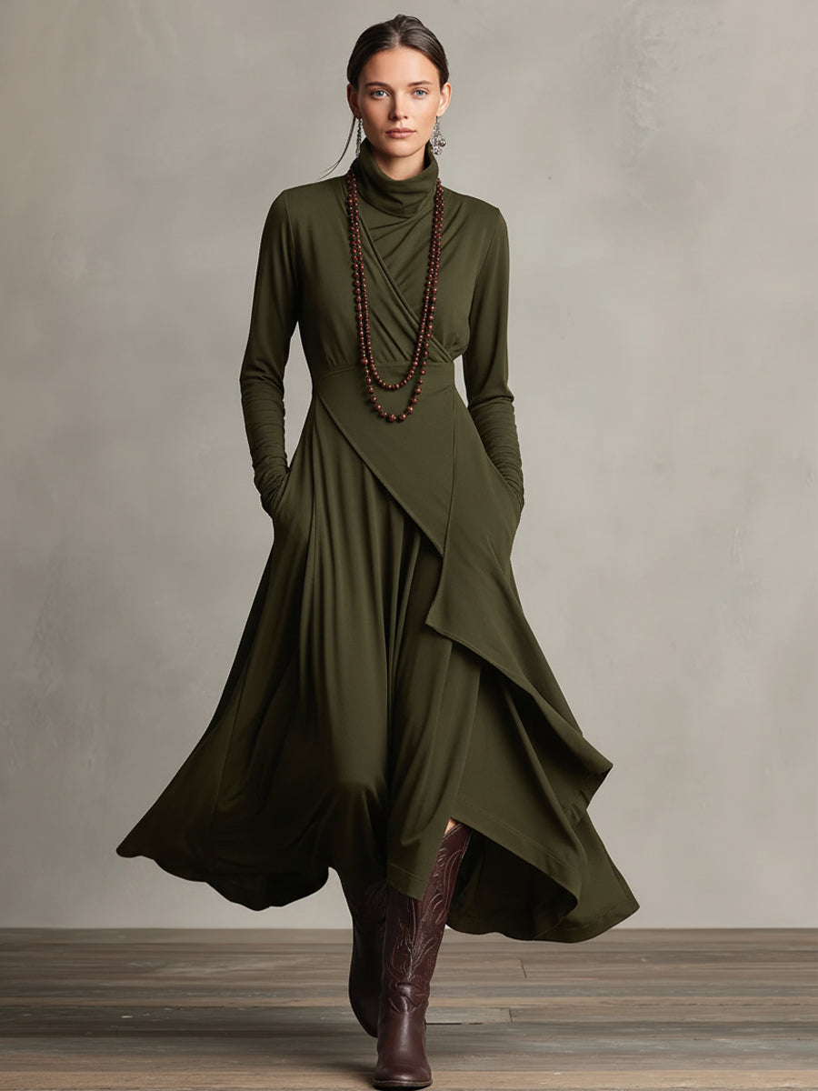 High Neck Long Sleeve Draped Maxi Dress 7
