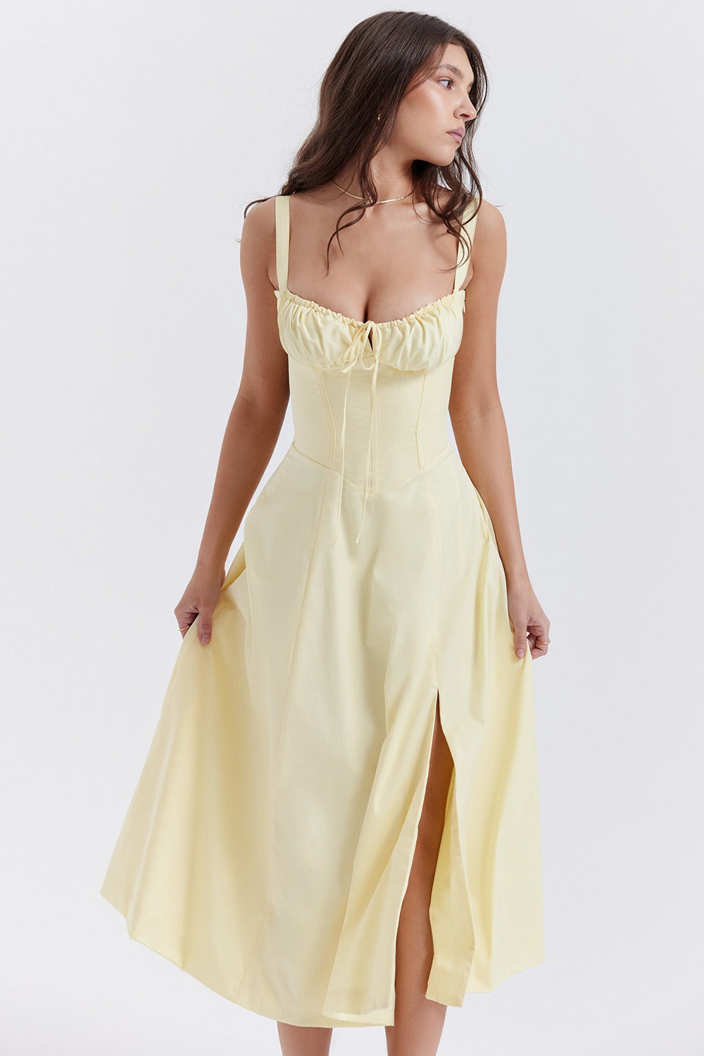 Spaghetti Strap Sweetheart High Split Bustier Midi Dress