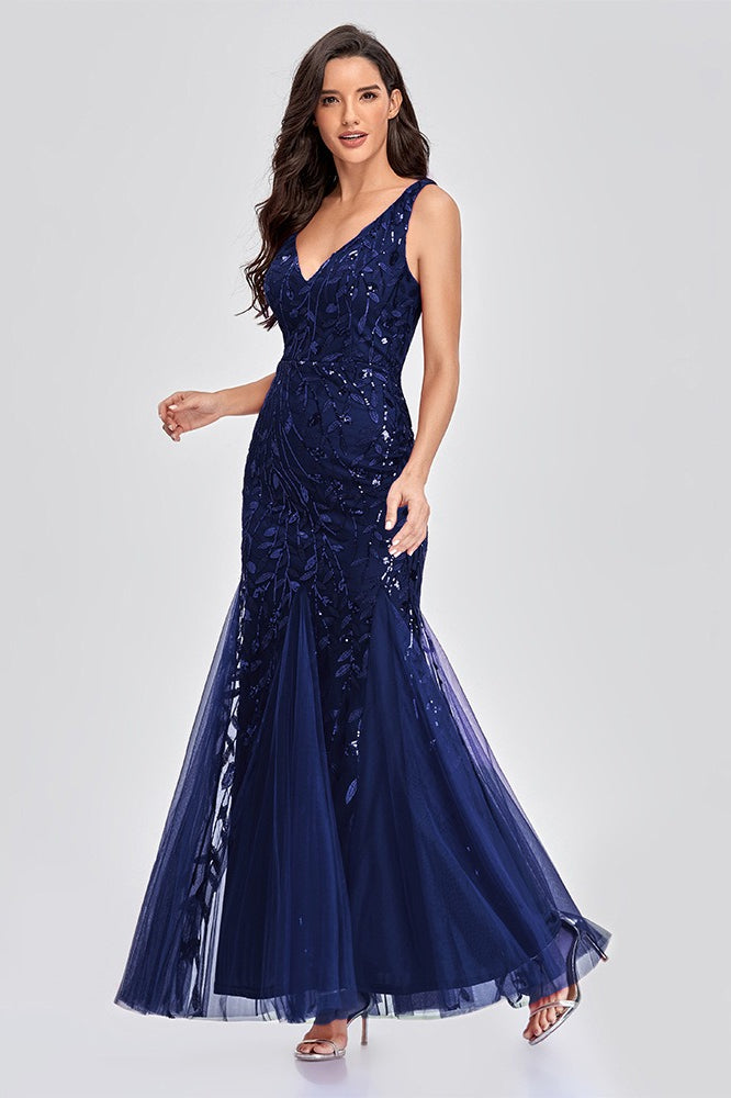 Sequin V-Neck Embroidered Mermaid Maxi Prom Dress