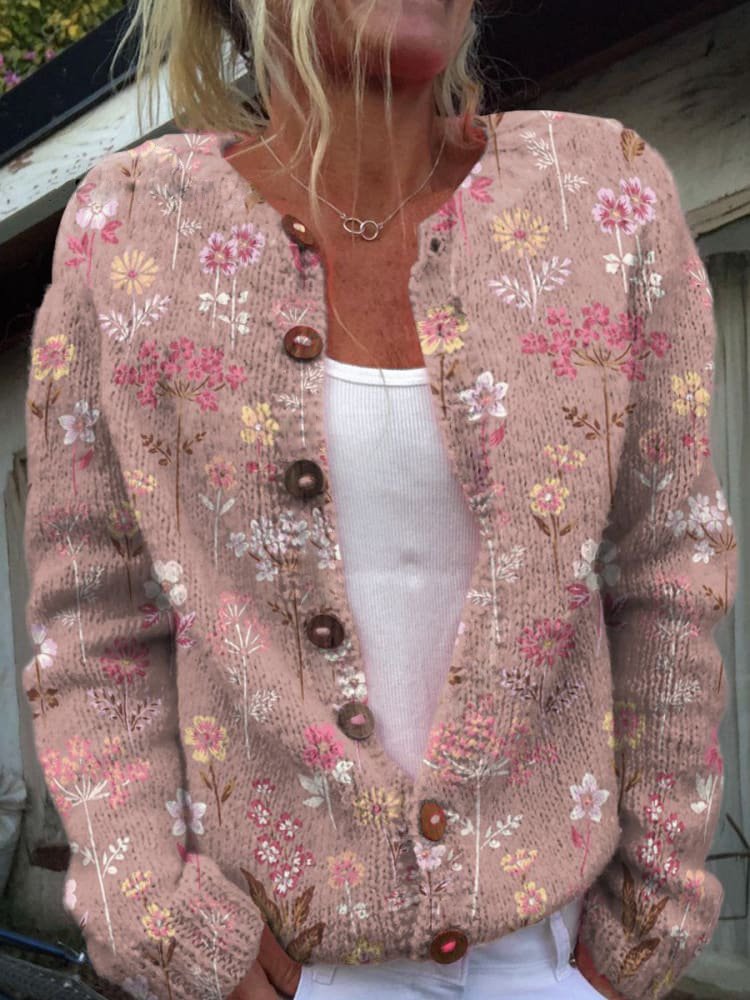 Round Neck Floral Print Button Front Knit Cardigan