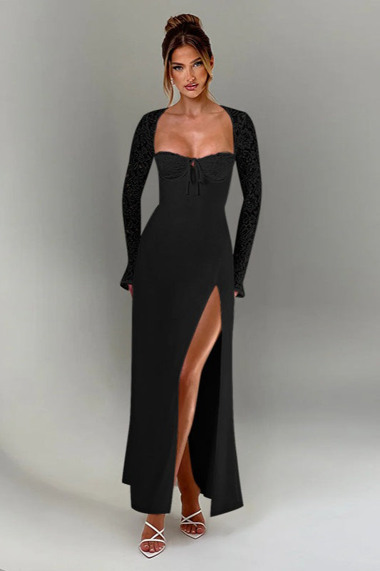 Lace Long Sleeve Sweetheart Neck Tie Front Bustier High Split Maxi Gown