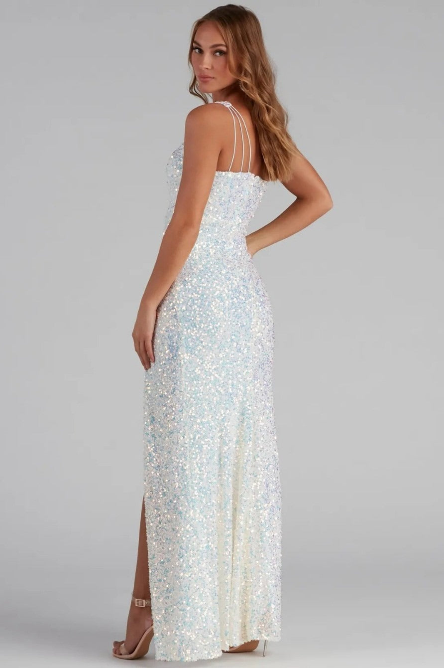 Sequin One Shoulder Pearl Beaded High Split Mermaid Gown