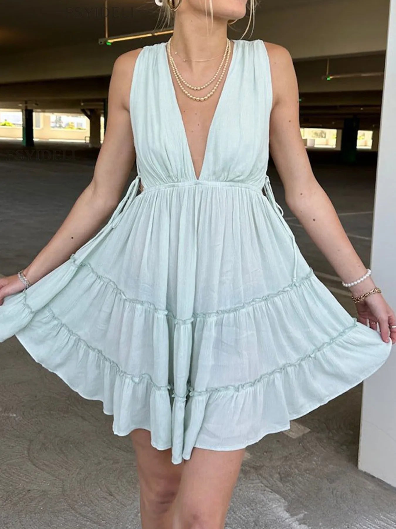 Deep V-Neck Tiered Mini Dress Light Blue