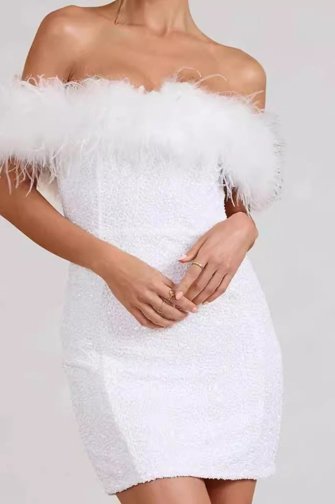 Sequin Off Shoulder Feather Trim Bodycon Mini Dress