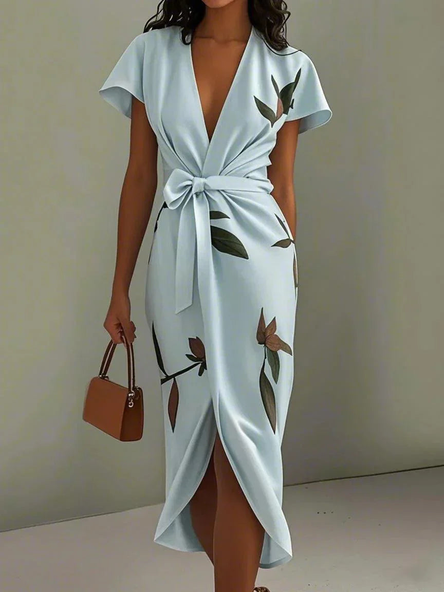 White Leaf Short Sleeve Satin Wrap Sheath Midi Dress Light Blue