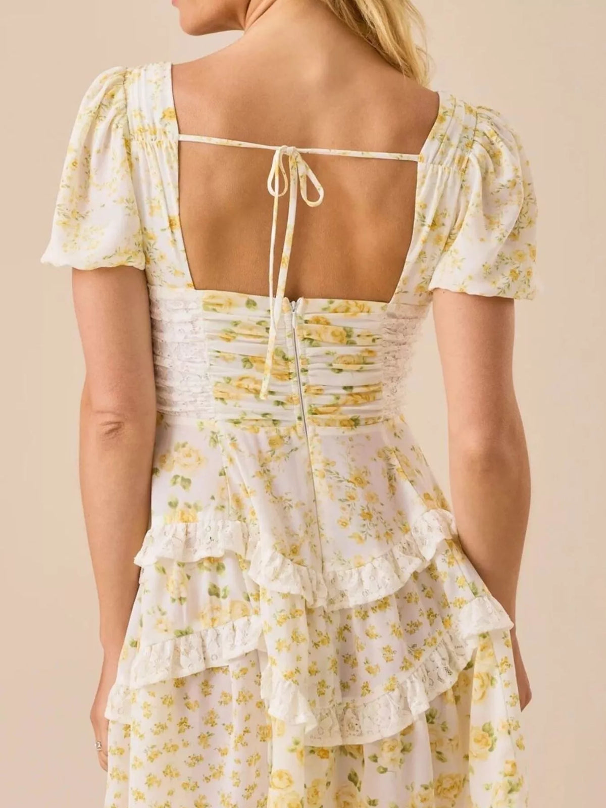 Floral Print Lace Trim Sweetheart Puff Sleeve Tiered Mini Dress 14