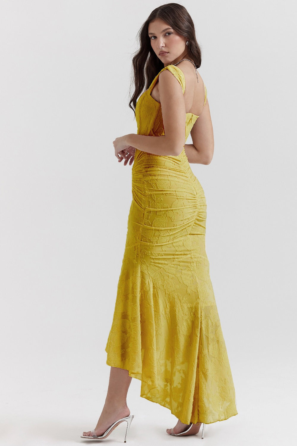 Jacquard Square Neck Corset Ruched Mermaid Gown