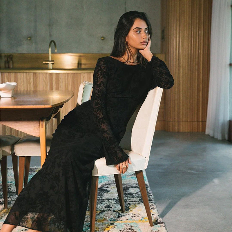 Flocked Floral Mesh Crew Neck Long Sleeve Backless Maxi Dress 3