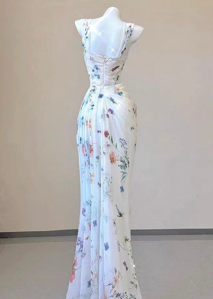 Fairy Chiffon Print Long Mermaid Pleated Evening Dress White Formal Prom Dress cc1481