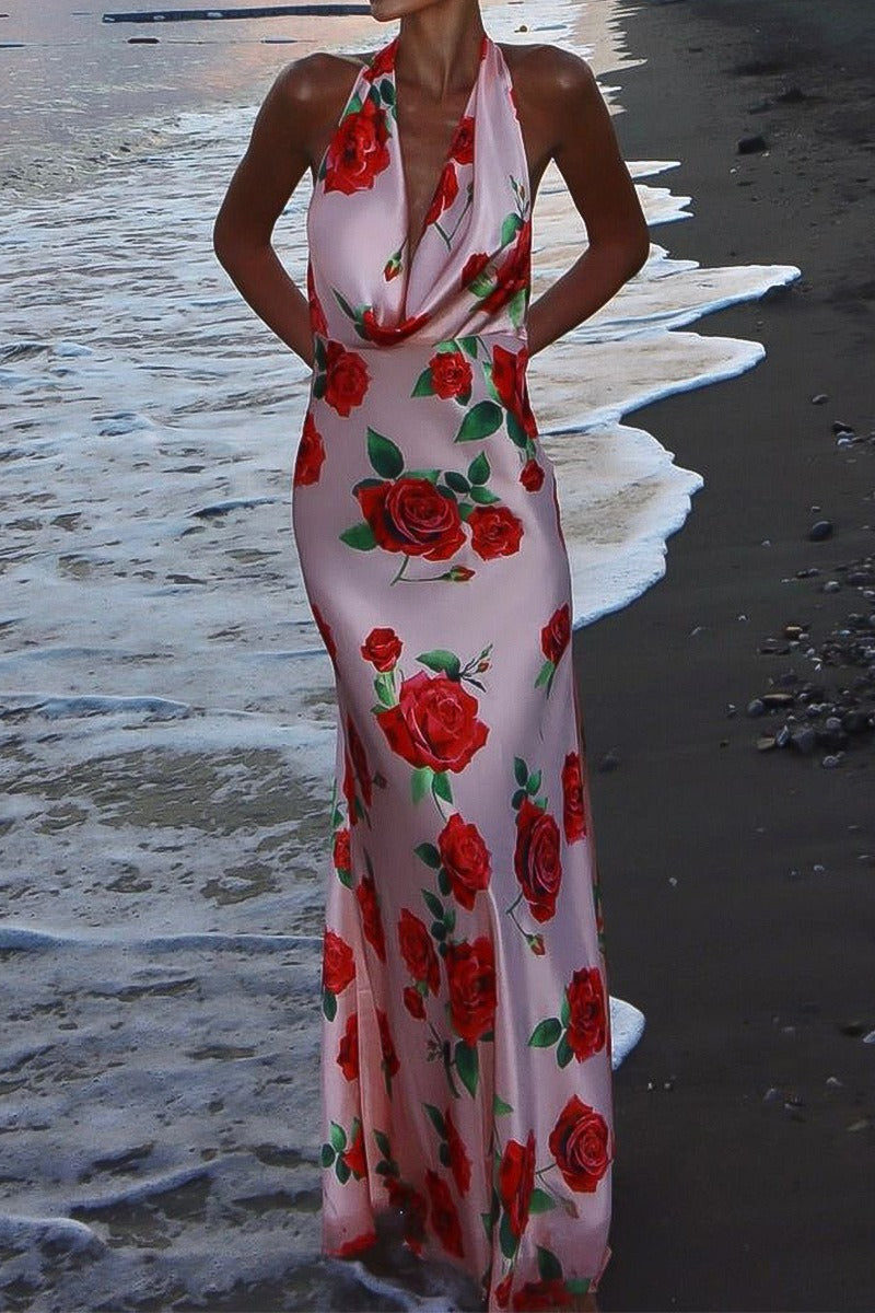 Rose Print Satin Halter Cowl Neck Backless Maxi Dress