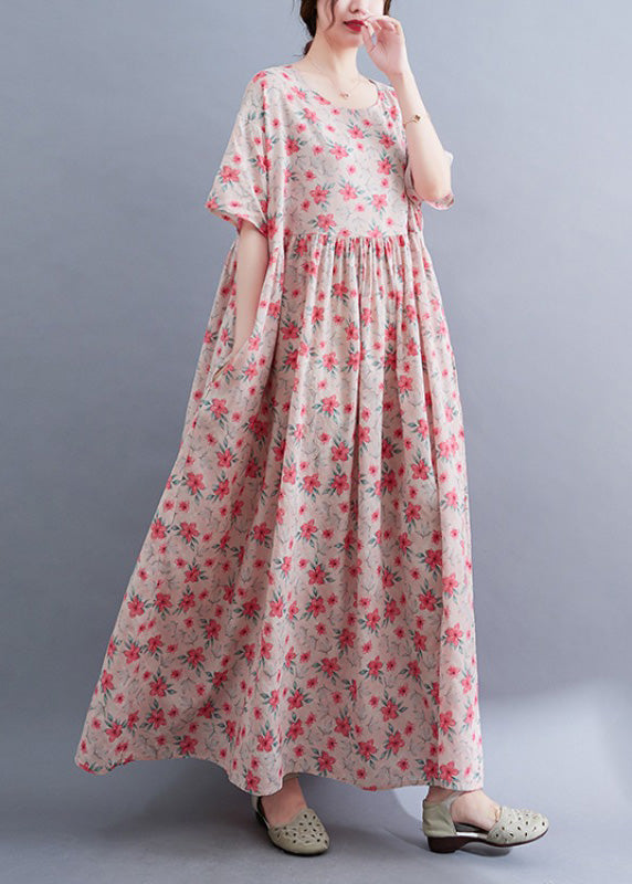 Floral Print Round Neck Short Puff Sleeve Empire Waist Pocket Maxi Dress
