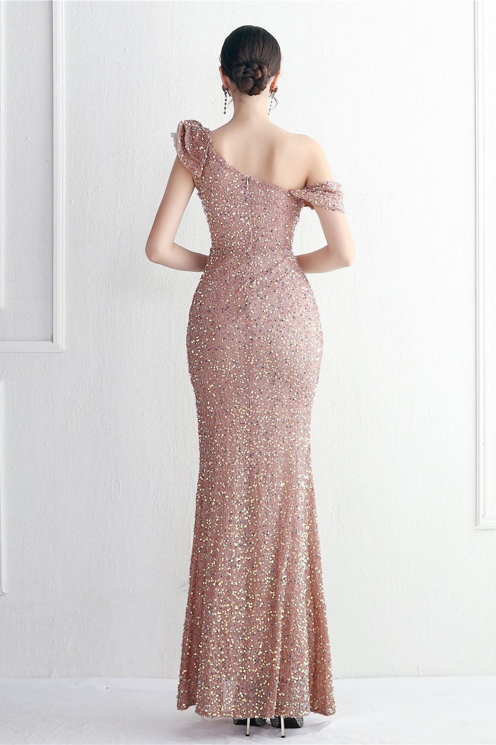 Sequin One Shoulder Ruffle High Split Mermaid Gown