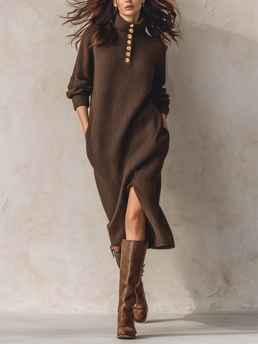 High-Neck Knit Sweater Dress With Gold Button