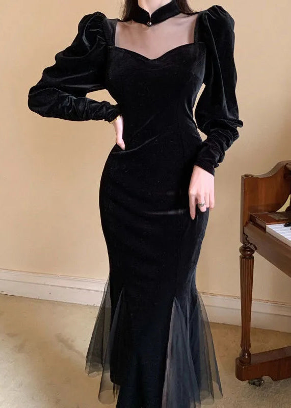 Velvet Sweetheart Choker Collar Puff Sleeve Mesh Panel Mermaid Gown