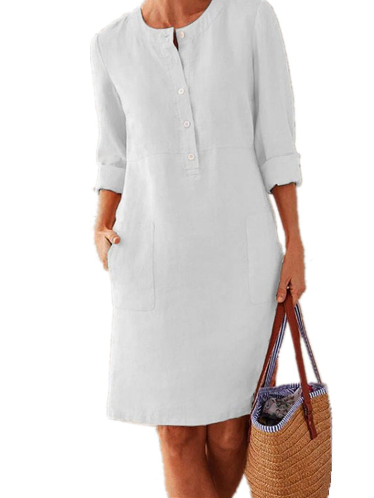 Button Front Round Neck Patch Pocket Three Quarter Sleeve Linen Look Shift Dress