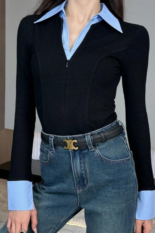 Collared Zip Front Faux Two Piece Contrast Cuff Long Sleeve Top 2