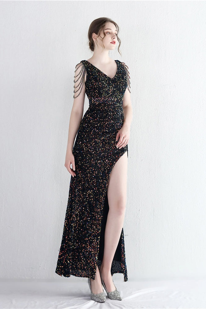 Sequin V-Neck Beaded Fringe High Split Mermaid Gown