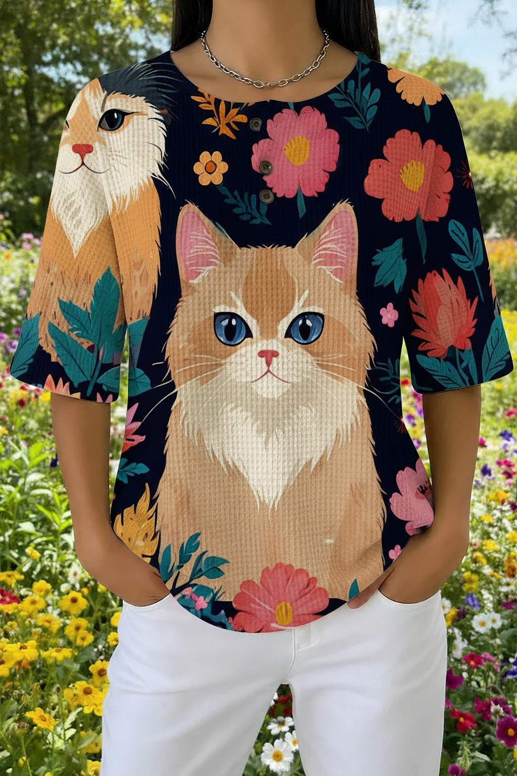Womens Black Multi-Color Floral Cat Print Casual Shirt