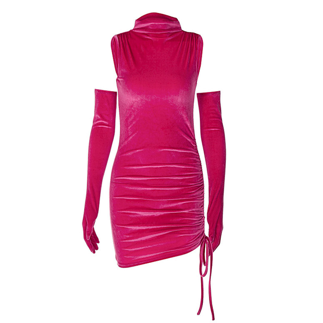 Velvet High Neck Sleeveless Ruched Bodycon Party Mini Dress