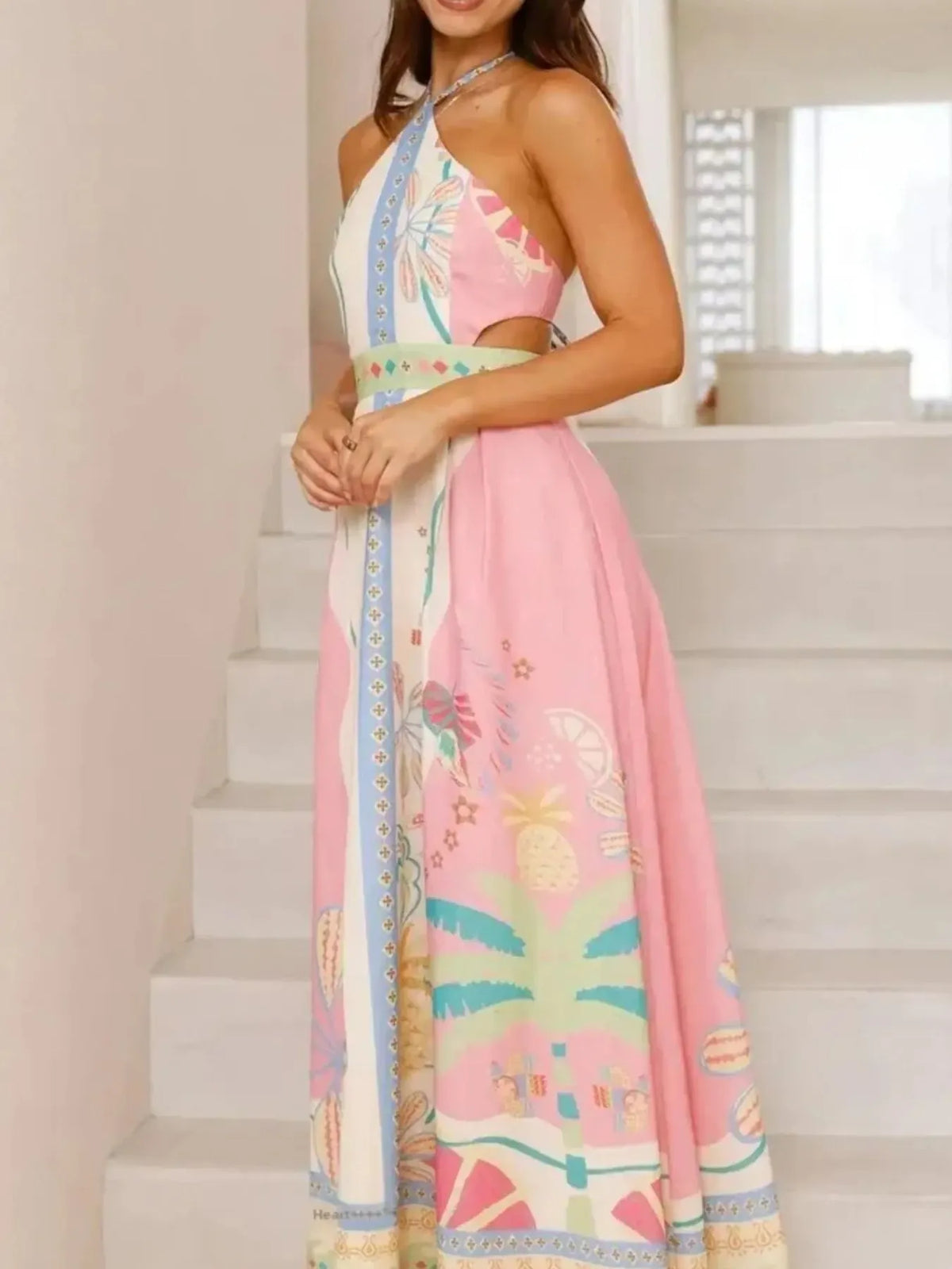 Tropical Print Halter Neck Side Cut Out A-Line Maxi Dress 5