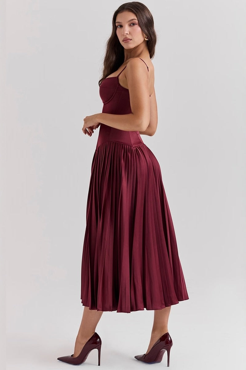 Spaghetti Strap Sweetheart Corset Knife Pleated Satin Midi Dress