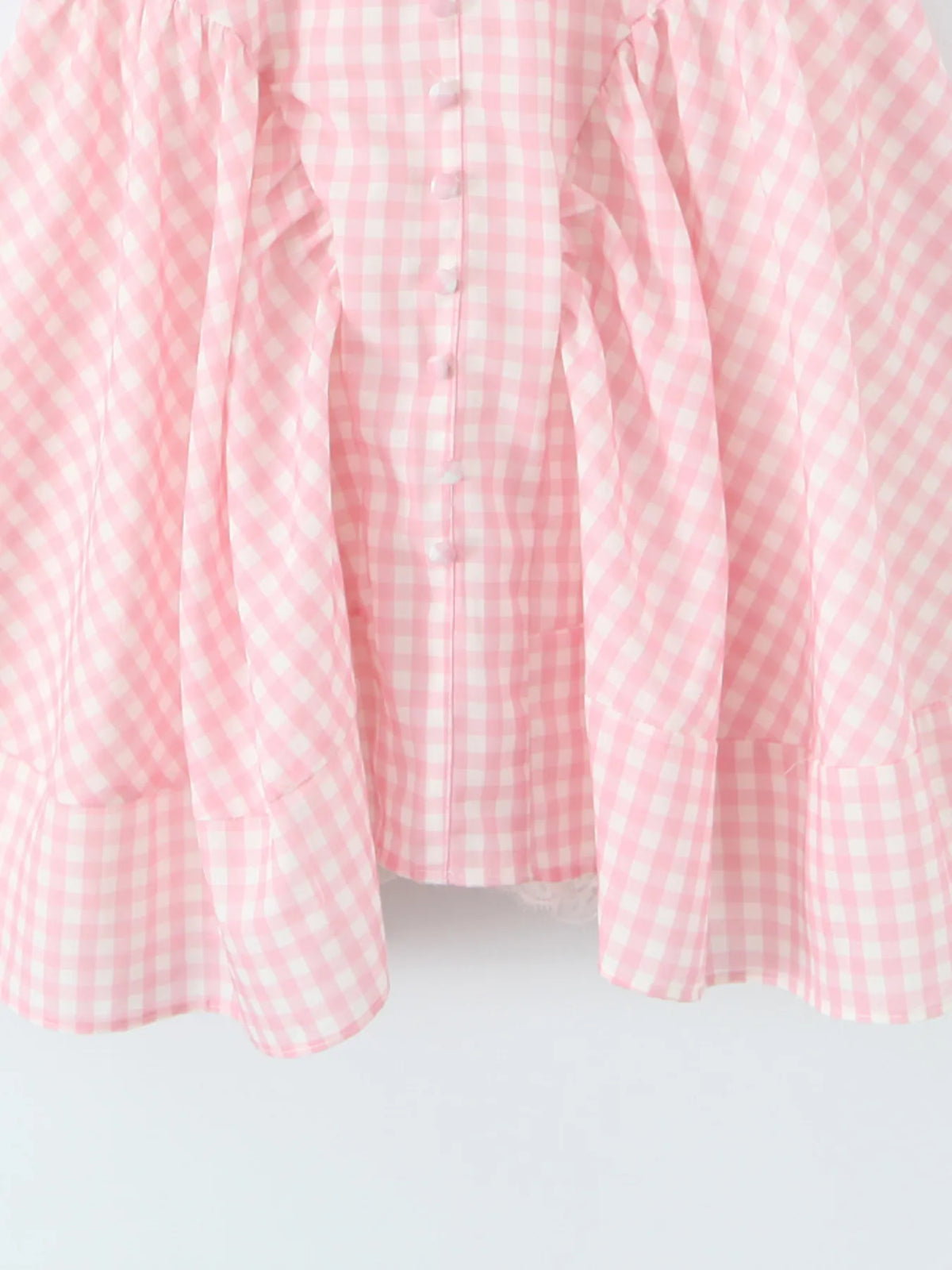 Gingham V-Neck Puff Sleeve Bow Button Front Lace Trim Mini Dress 10