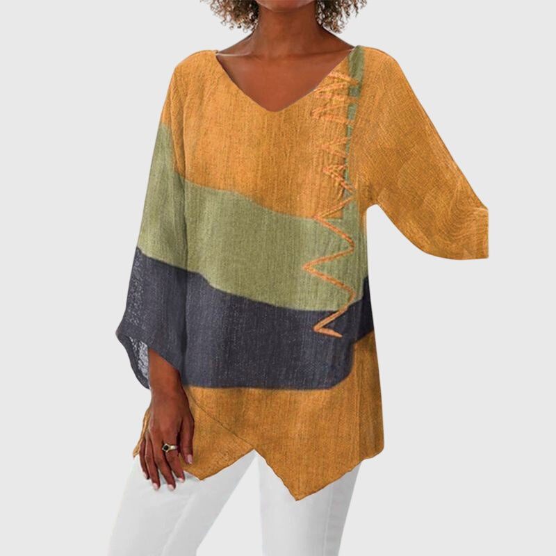 Colorblock V-Neck Long Sleeve Asymmetric Tunic Top