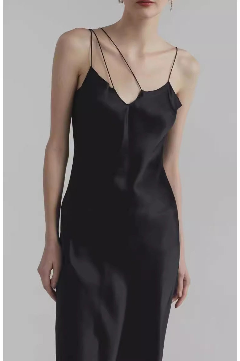 Satin Asymmetrical Spaghetti Strap Cut Out Slip Midi Dress