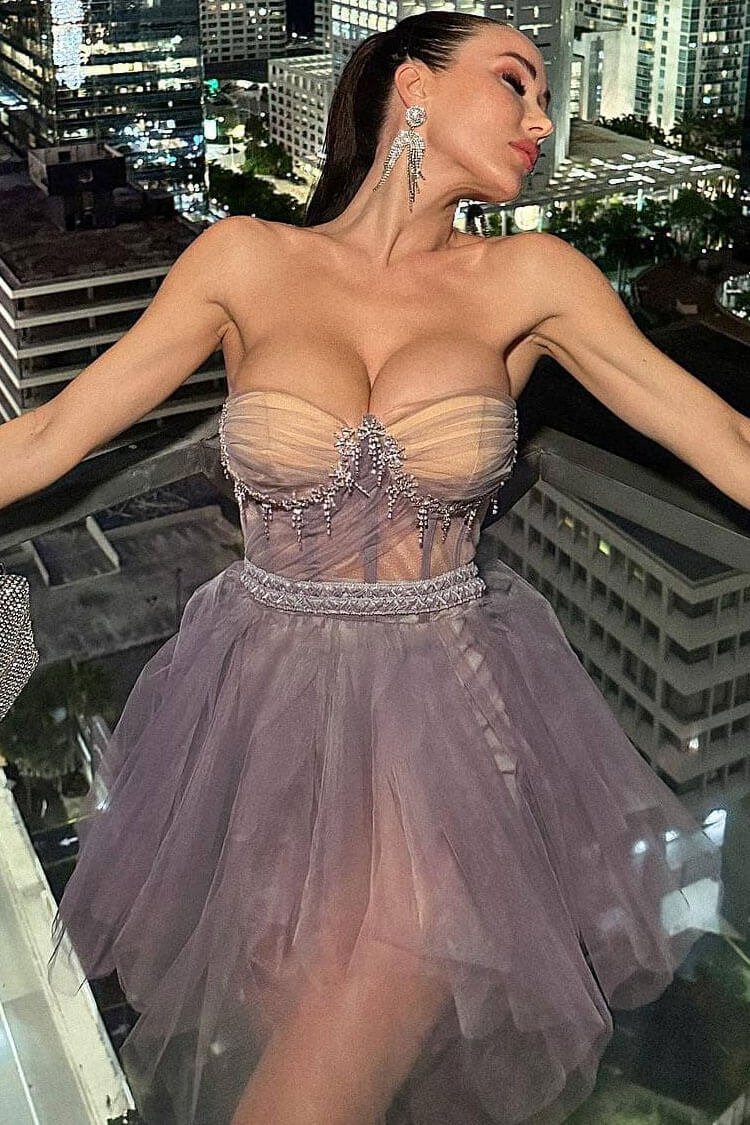 Tulle Strapless Corset Bow Fit and Flare Mini Party Dress