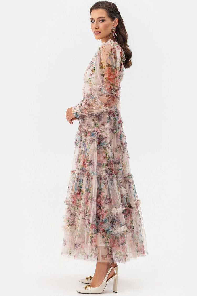 Mock Neck Bishop Sleeve Floral Tulle Tiered Ruffle Maxi Dress