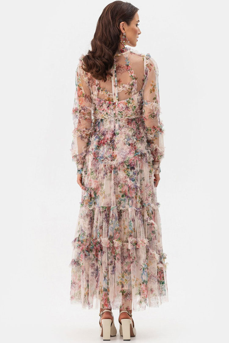 Mock Neck Bishop Sleeve Floral Tulle Tiered Ruffle Maxi Dress